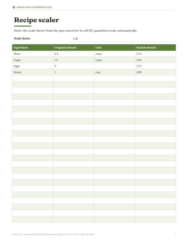 Preview of Printable Recipe Scaler Sheet